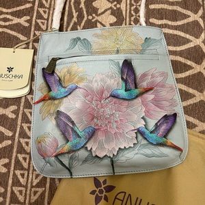 Anuschka hand painted crossbody purse with hummingbirds NWT